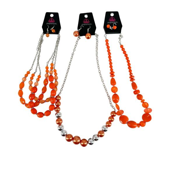 Lot of 3 Paparazzi Orange Necklace & Earring Sets Costume Jewelry - Picture 1 of 5